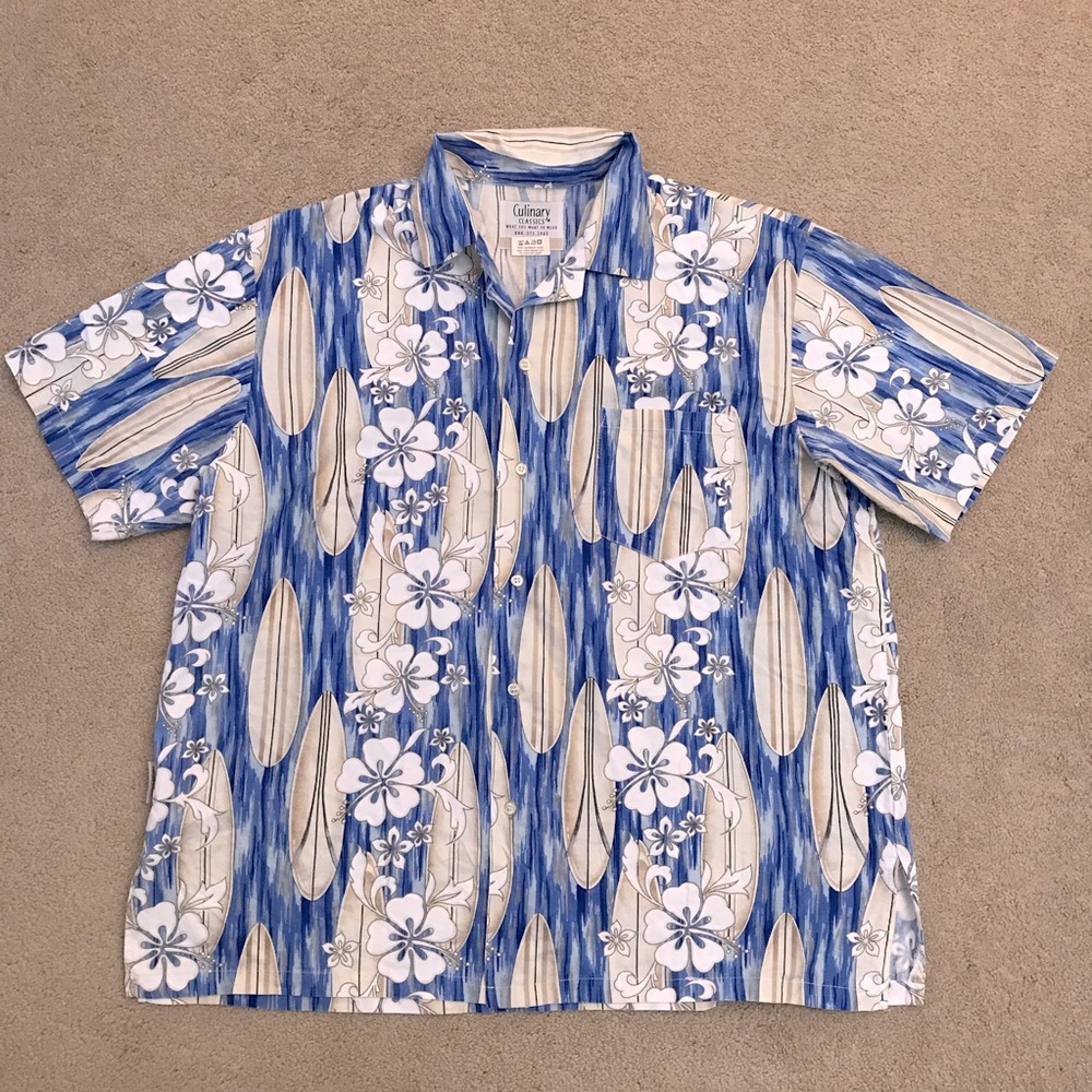 Hawaiian Shirt Mens Size L Cotton Oversized Relaxed Fit Blue Tan Surfboards Tiki